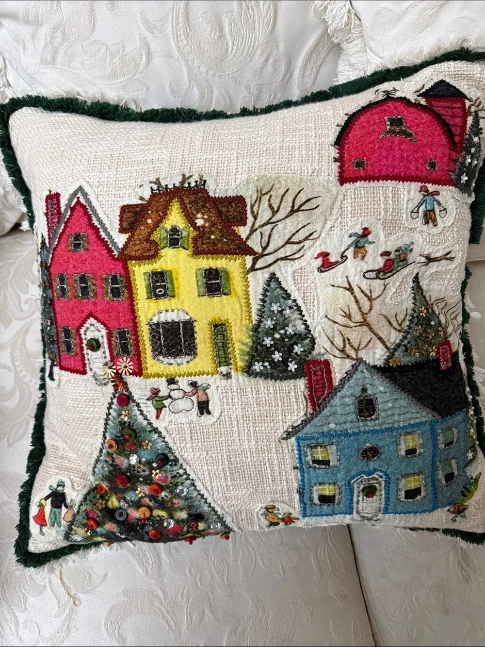 Hand-Embroidered Holiday Neighborhood Decorative Pillow - Multicolor